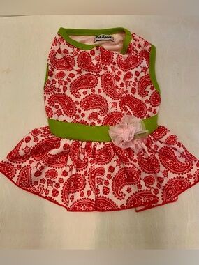 Pet Shine Red Paisley Dog Dress with Green Trim. Small
